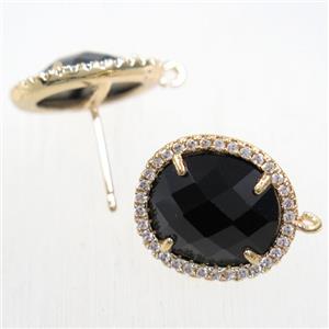 copper earring studs paved zircon with black crystal glass, gold plated, approx 15-17mm