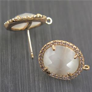 copper earring studs paved zircon with white crystal glass, gold plated, approx 15-17mm