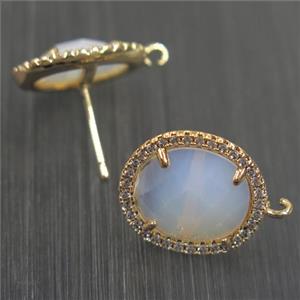copper earring studs paved zircon with with opalite crystal glass, gold plated, approx 15-17mm
