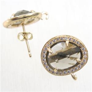 copper earring studs paved zircon with smoky crystal glass, gold plated, approx 15-17mm
