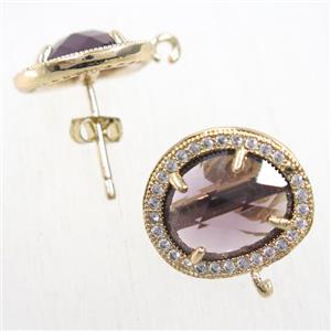 copper earring studs paved zircon with lt.purple crystal glass, gold plated, approx 15-17mm