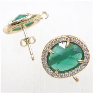 copper earring studs paved zircon with green crystal glass, gold plated, approx 15-17mm
