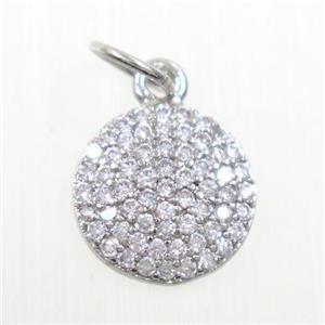 copper Button pendant paved zircon, platinum plated, approx 6mm dia