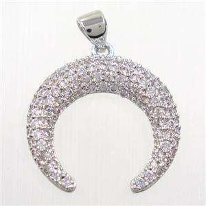 copper crescent pendant paved zircon, platinum plated, approx 20mm dia