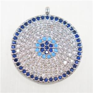copper button circle pendant paved zircon, platinum plated, approx 20mm dia