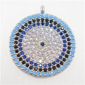 copper button circle pendant paved zircon, platinum plated, approx 19mm dia