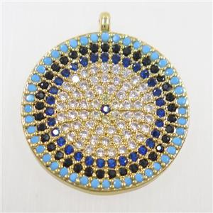 copper button circle pendant paved zircon, gold plated, approx 19mm dia