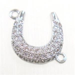 copper connector paved zircon, U-shape, platinum plated, approx 12-13mm