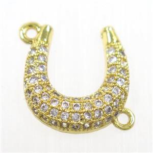 copper connector paved zircon, U-shape, gold plated, approx 12-13mm