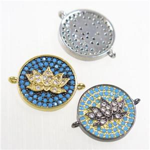 copper button Lotus connector paved zircon, mix color, approx 14mm dia