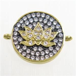 copper button Lotus connector paved zircon, gold plated, approx 14mm dia