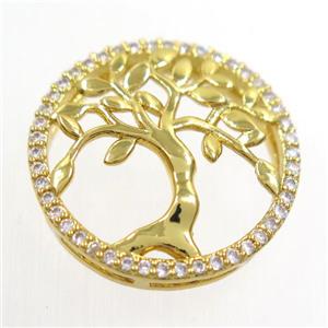copper pendant paved zircon, circle, Tree of life, gold plated, approx 20mm dia