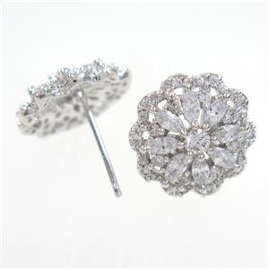 copper earring studs paved zircon, approx 14mm dia