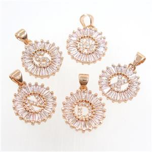 copper alphabet pendant paved zircon, rose gold, approx 15mm dia, letter R