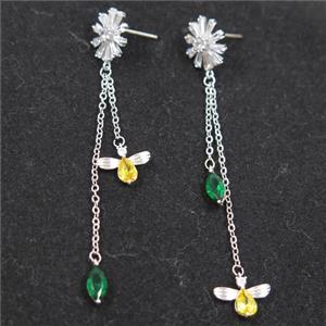 copper earring paved zircon, platinum plated, approx 8-12mm, 55mm length