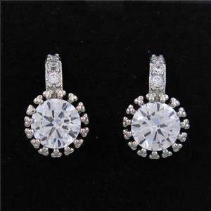 copper earring paved zircon, platinum plated, approx 10mm dia