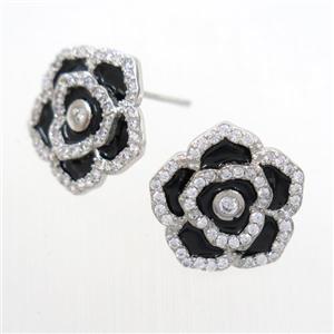 copper flower Earring studs paved zircon, enamel, platinum plated, approx 15mm dia