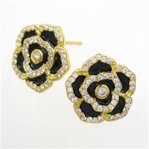 copper flower Earring studs paved zircon, enamel, gold plated, approx 15mm dia