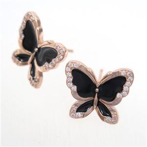 copper butterfly Earring studs paved zircon, enamel, rose gold, approx 15-17mm