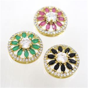 copper sunflower connector pave zircon, mixed, gold plated, approx 16mm dia