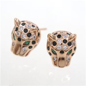 copper leopardhead earring studs paved zircon, rose gold, approx 10-12mm