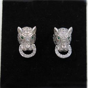 copper wolfhead earring stud paved zircon, platinum plated, approx 8-13mm