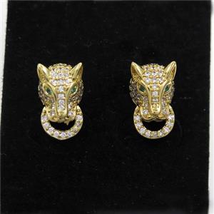 copper wolfhead earring stud paved zircon, gold plated, approx 8-13mm