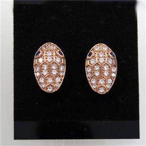 copper snakehead earring studs paved zircon, rose gold, approx 9-15mm