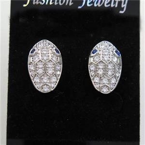 copper snakehead earring studs paved zircon, platinum plated, approx 9-15mm