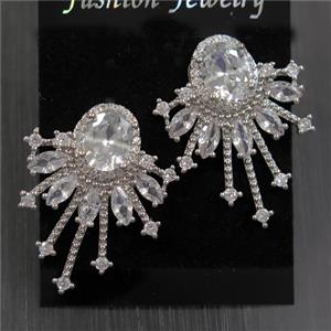 copper earring paved zircon, platinum plated, approx 22-30mm
