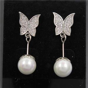 copper butterfly earring paved zircon with pearlized shell, platinum plated, approx 8-10mm