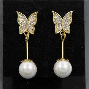 copper butterfly earring paved zircon with pearlized shell, gold plated, approx 8-10mm