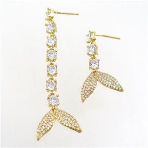 copper earring paved zircon with sharktail, gold plated, approx 15-17mm, 25-50mm