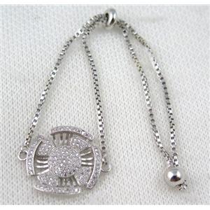 copper bracelet paved zircon, platinum plated, approx 10-20mm bead, 25mm length