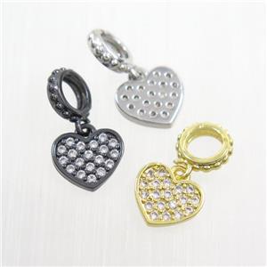 copper heart pendants paved zircon, mix color, approx 8-9mm