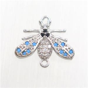 copper honeybee connector paved zircon, platinum plated, approx 10-16mm