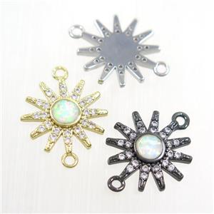 copper sun connector paved zircon with fire opal, mix color, approx 14mm dia
