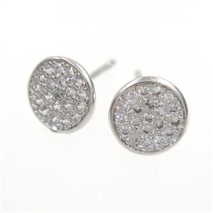 copper earring paved zircon, platinum plated, approx 8mm dia