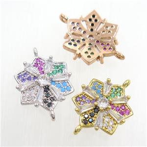 copper flower connector paved zircon, mix color, approx 15mm dia