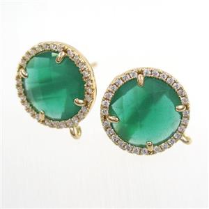 copper earring paved zircon with green glass crystal, approx 15mm dia