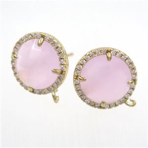 copper earring paved zircon with pink glass crystal, approx 15mm dia