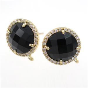 copper earring paved zircon with black glass crystal, approx 15mm dia