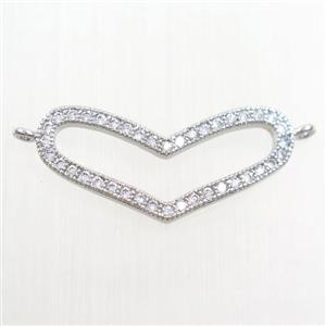 copper heart pendant paved zircon with 2loops, platinum plated, approx 10-23mm