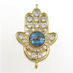 copper hamsahand connector paved zircon with abalone shell, gold plated, approx 15-20mm