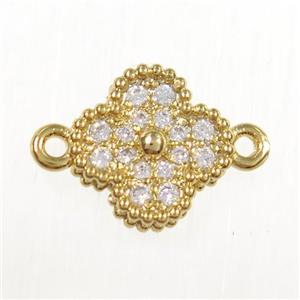 copper clover connector paved zircon, gold plated, approx 7.5mm