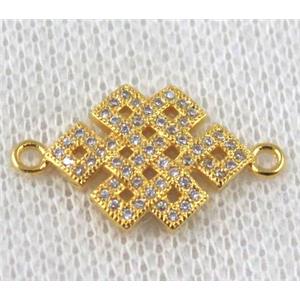 copper Chinese knot connector paved zircon, gold plated, approx 14-22mm