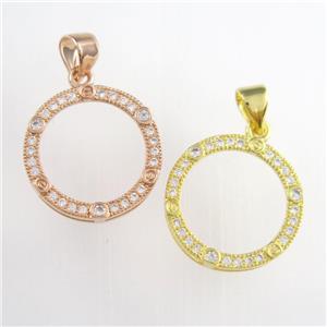 copper circle pendants paved zircon, mixed color, approx 17mm dia