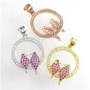 copper birds pendants paved zircon, mixed, approx 17mm dia