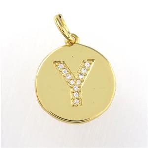 copper pendant paved zircon, letter Y, gold plated, approx 15mm dia