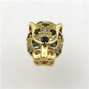 copper leopardhead beads paved zircon, gold plated, approx 10-16mm